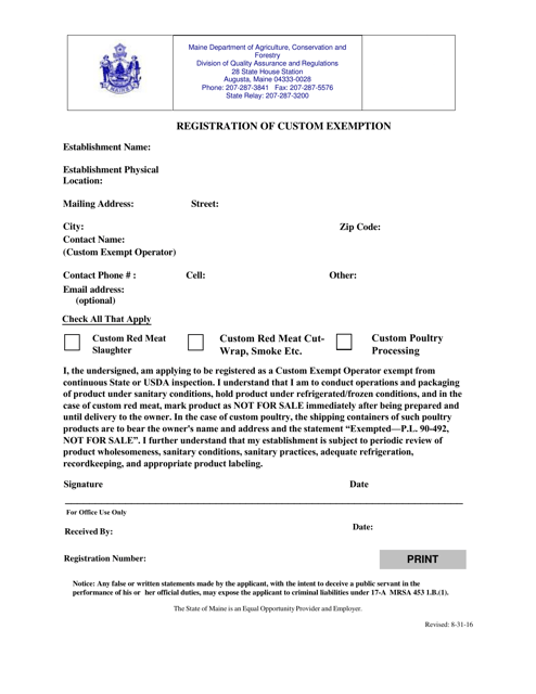 Registration of Custom Exemption - Maine