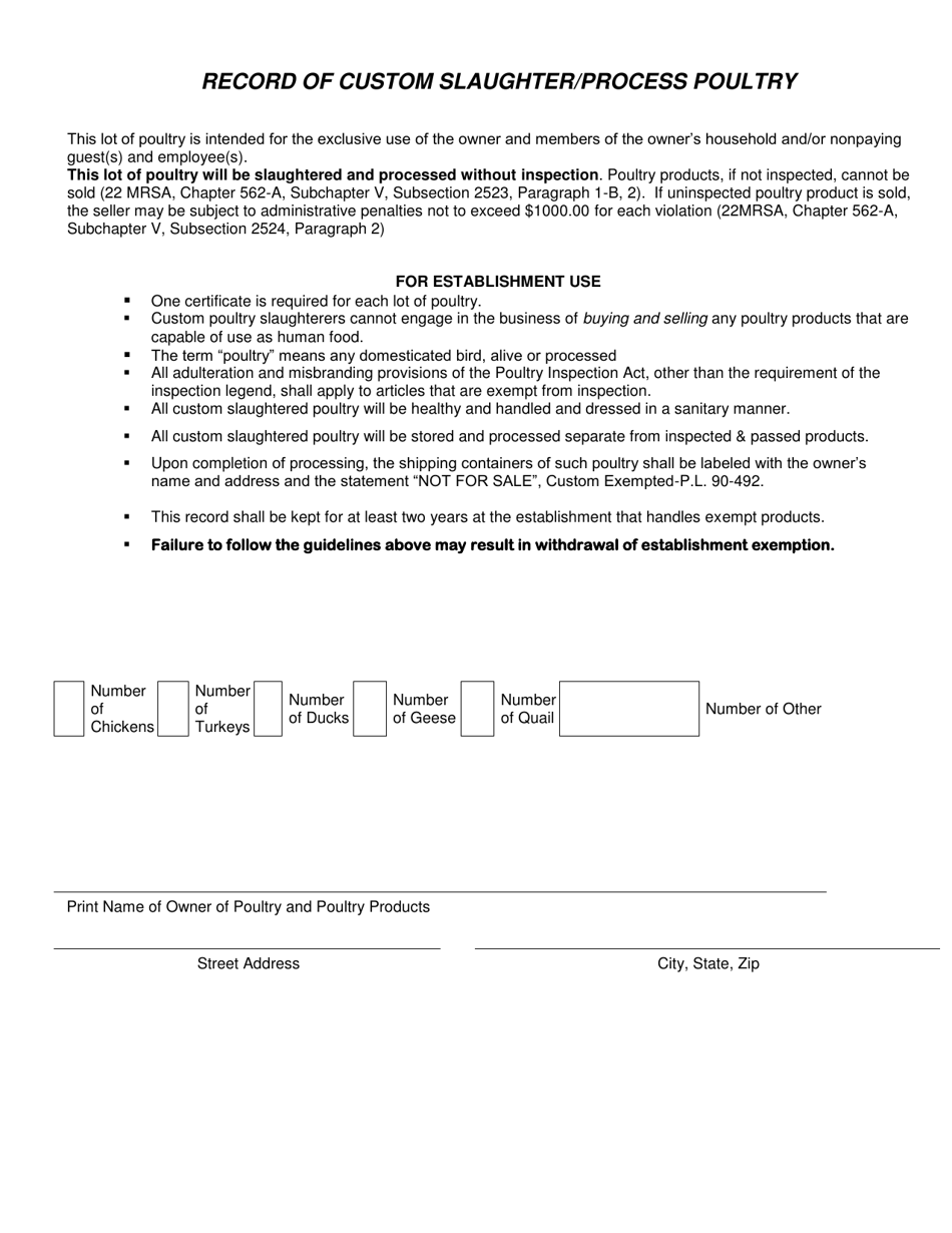 Record of Custom Slaughter / Process Poultry - Maine, Page 1