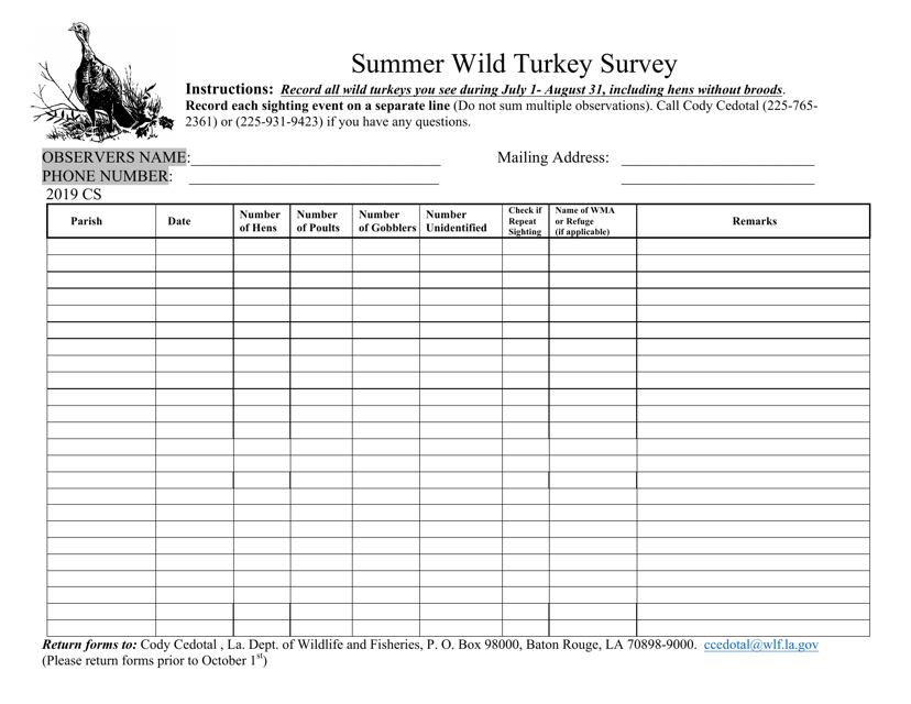 Summer Wild Turkey Survey Log - Louisiana Download Pdf