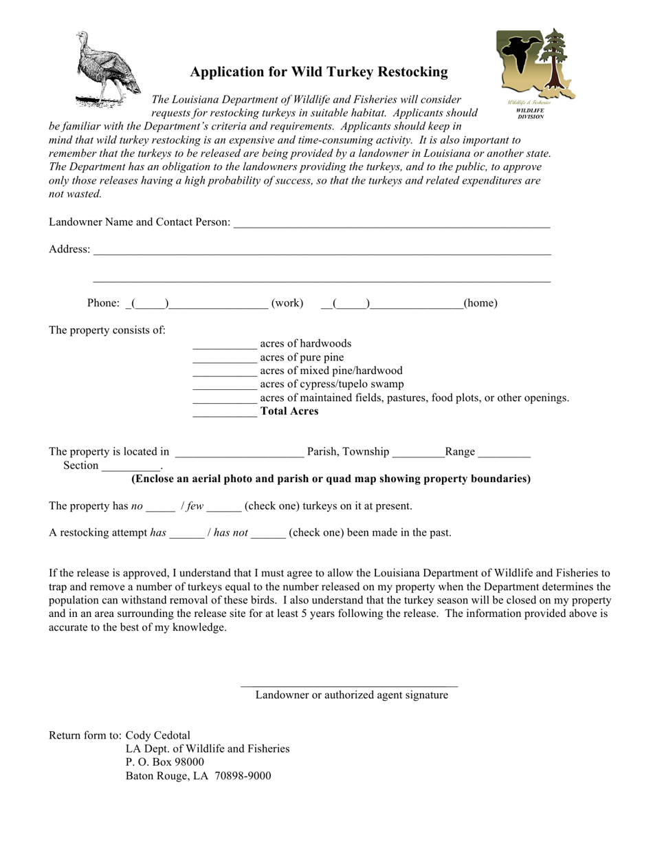 Application for Wild Turkey Restocking - Louisiana, Page 1