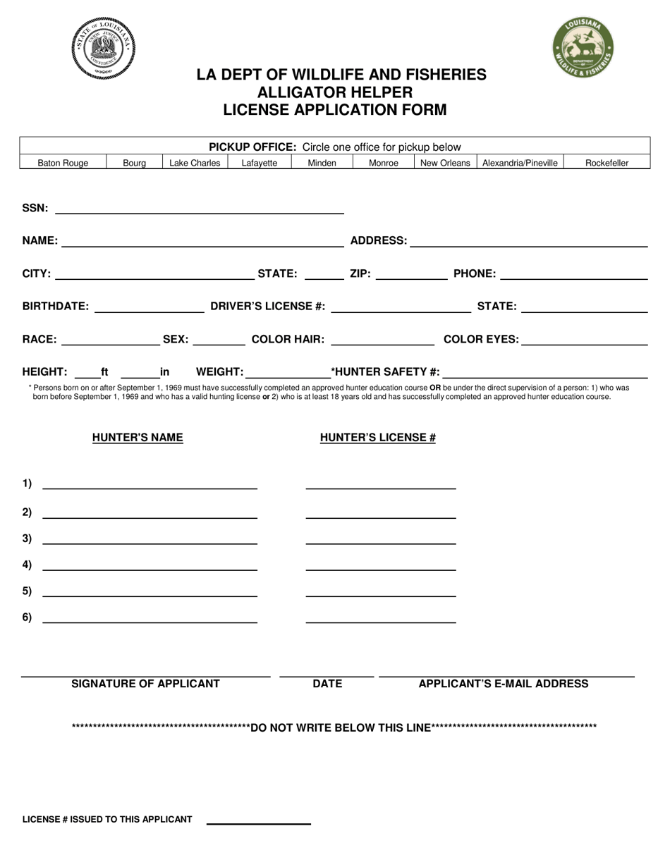 Louisiana Alligator Helper License Application Form Fill Out, Sign