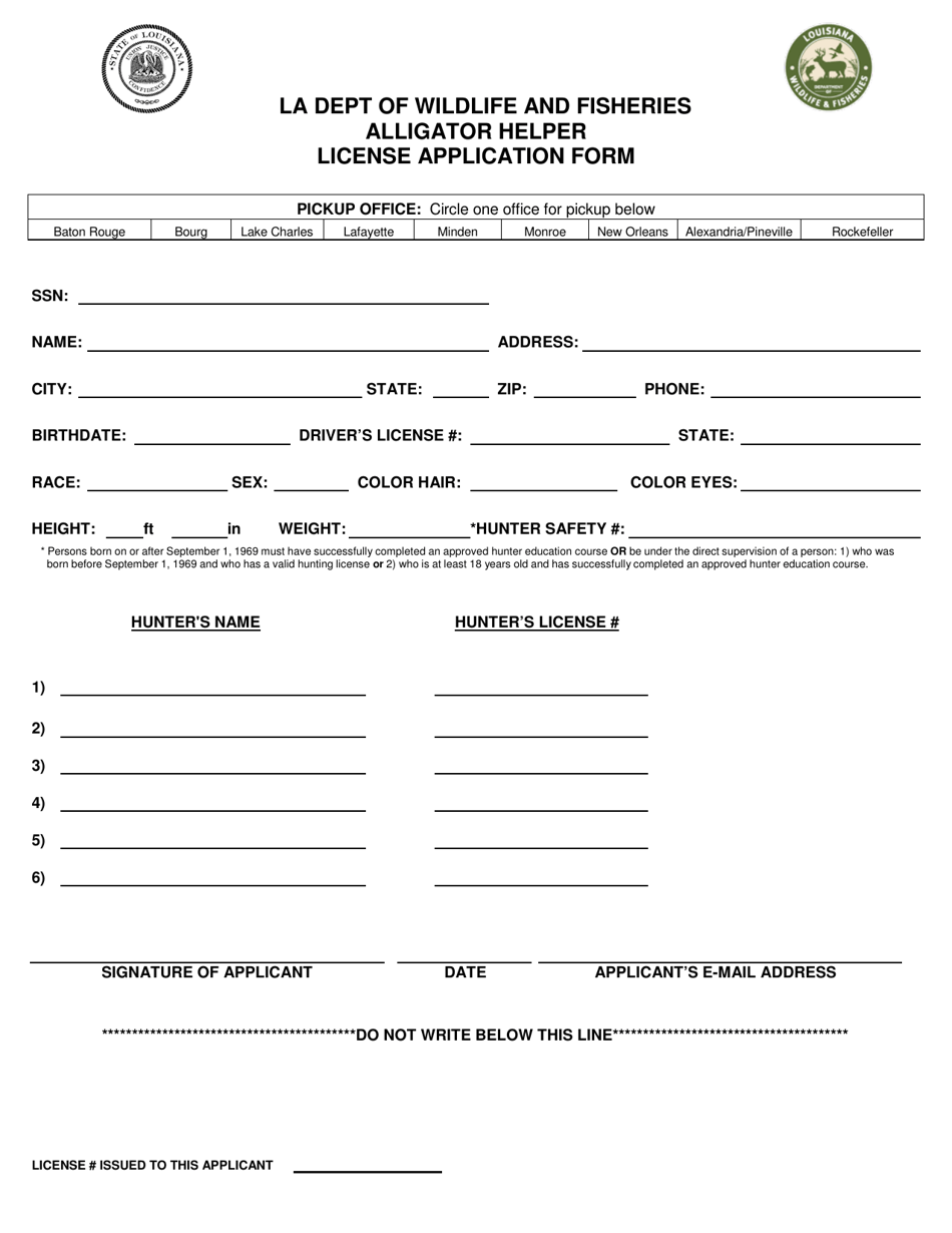 Alligator Helper License Application Form - Louisiana, Page 1