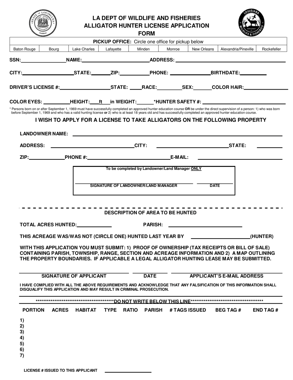 Alligator Hunter License Application Form - Louisiana, Page 1