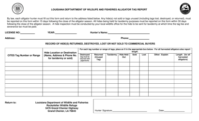 Document preview: Alligator Tag Report Form - Louisiana