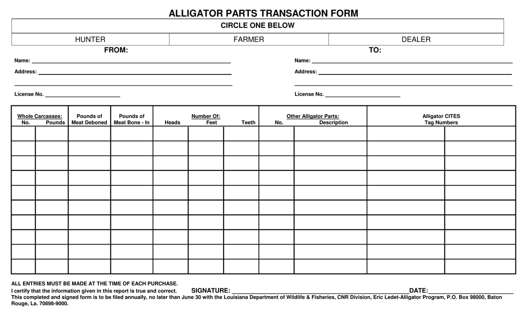Alligator Parts Transaction Form - Louisiana Download Pdf