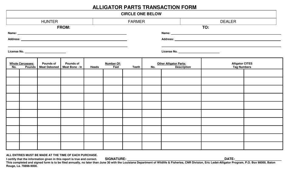 Alligator Parts Transaction Form - Louisiana, Page 1