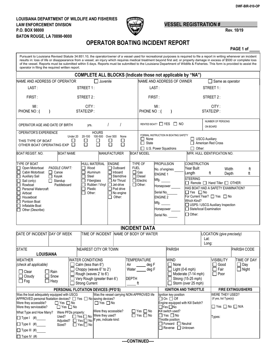 Form DWF-BIR-010-OP Operator Boating Incident Report - Louisiana, Page 1