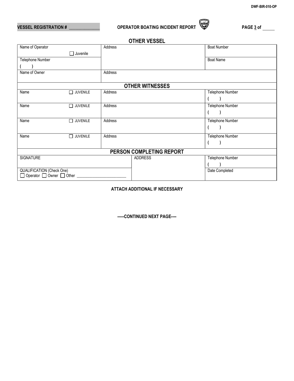 Form DWF-BIR-010-OP Operator Boating Incident Report - Louisiana, Page 3