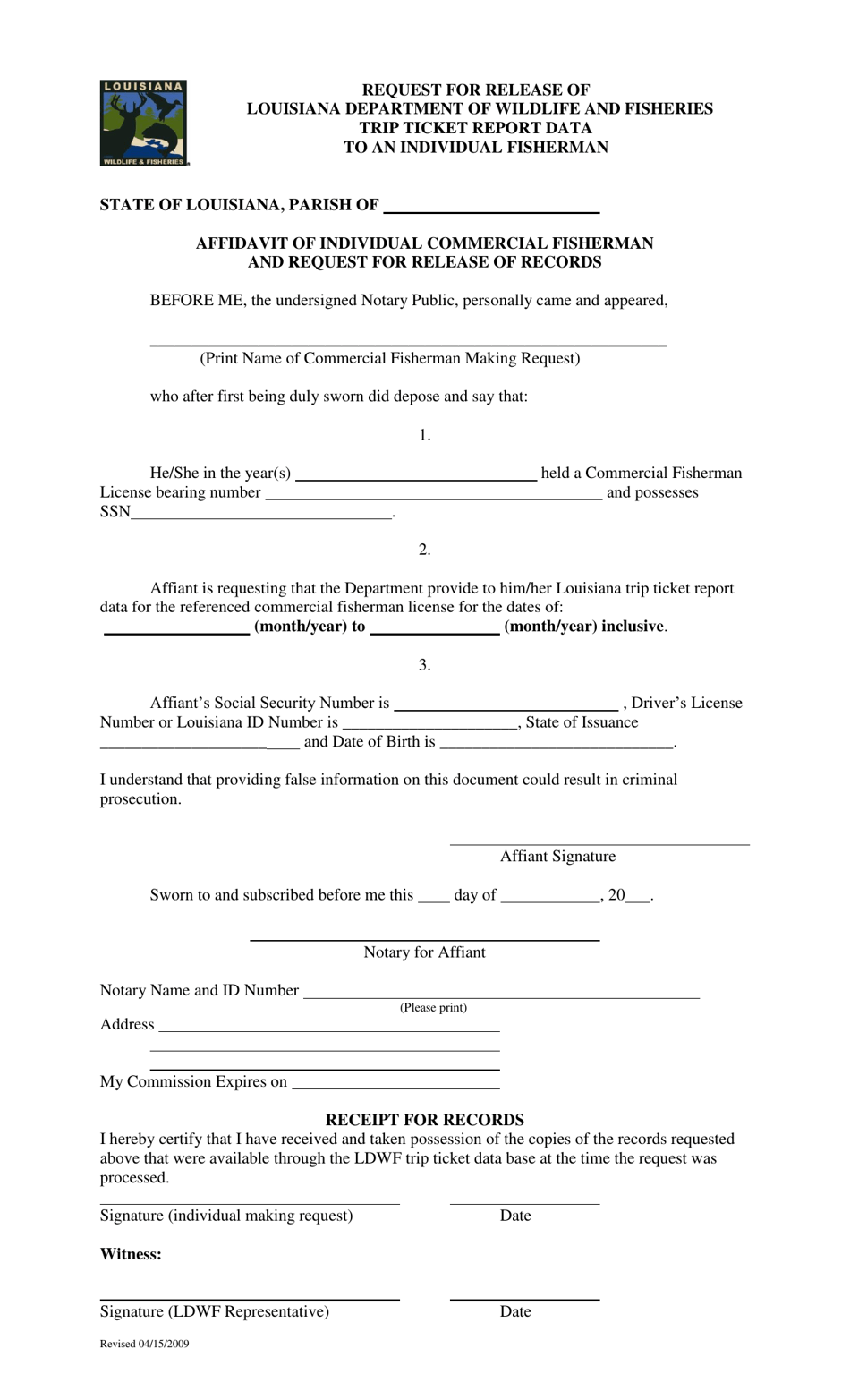Request for Release of Louisiana Department of Wildlife and Fisheries Trip Ticket Report Data to an Individual Fisherman - Louisiana, Page 1