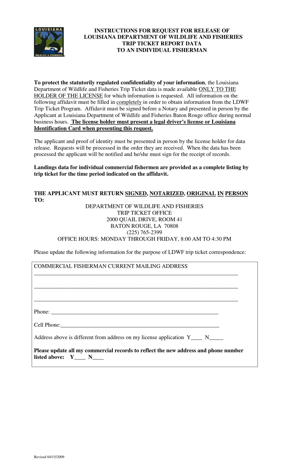 Request for Release of Louisiana Department of Wildlife and Fisheries Trip Ticket Report Data to an Individual Fisherman - Louisiana, Page 2