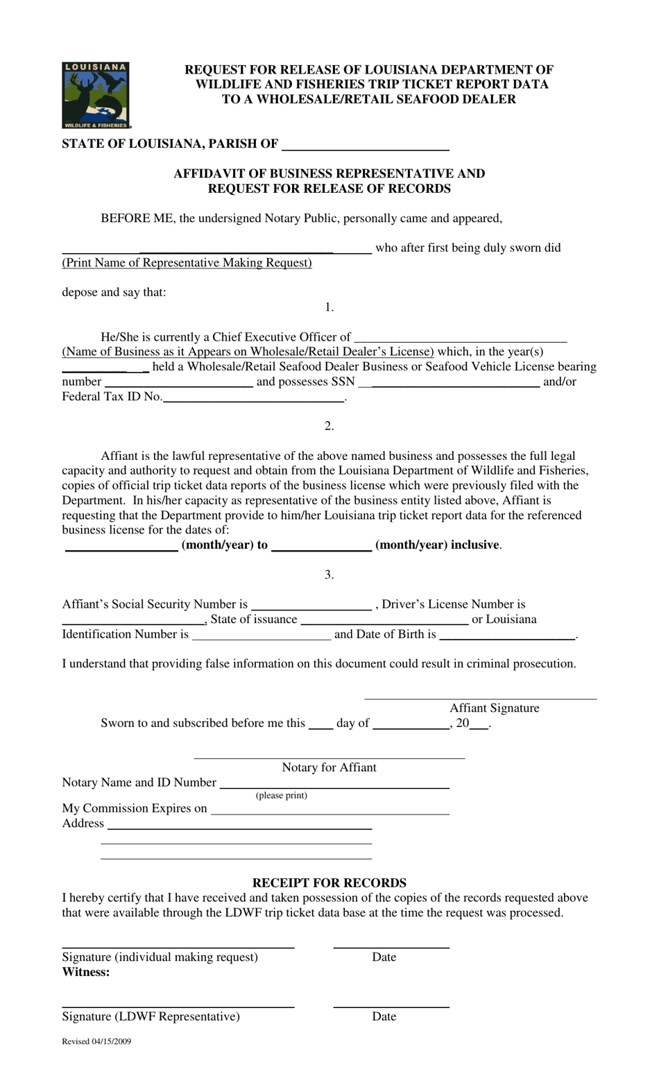 Request for Release of Louisiana Department of Wildlife and Fisheries Trip Ticket Report Data to a Wholesale / Retail Seafood Dealer - Louisiana, Page 1