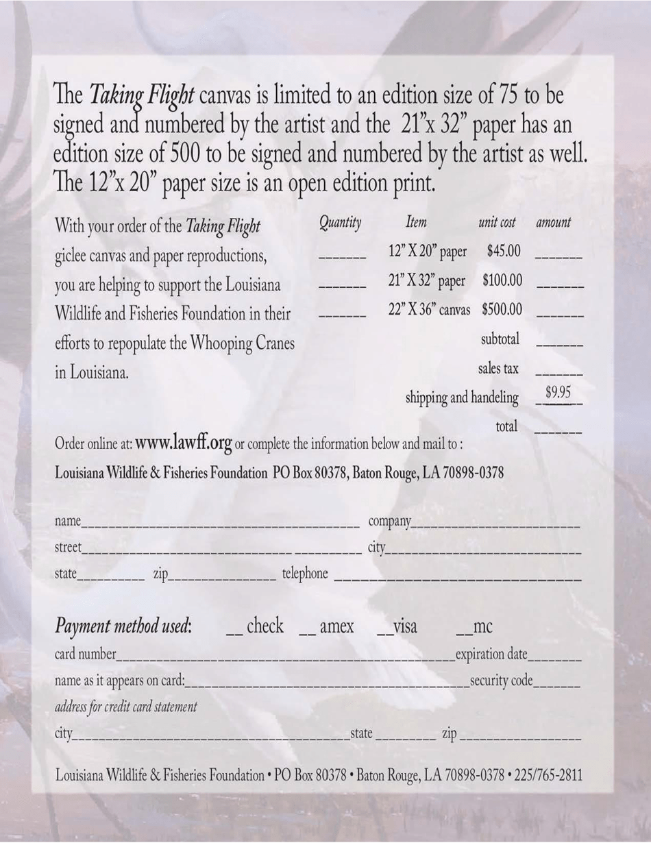 Whooping Crane Art Print Order Form - Louisiana, Page 1