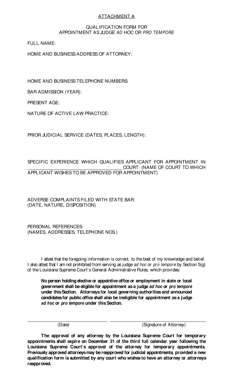 Attachment A Qualification Form for Appointment as Judge Ad Hoc or Pro Tempore - Louisiana, Page 1
