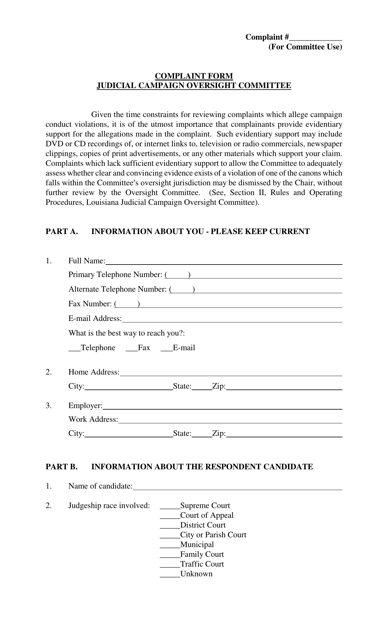 Complaint Form - Judicial Campaign Oversight Committee - Louisiana