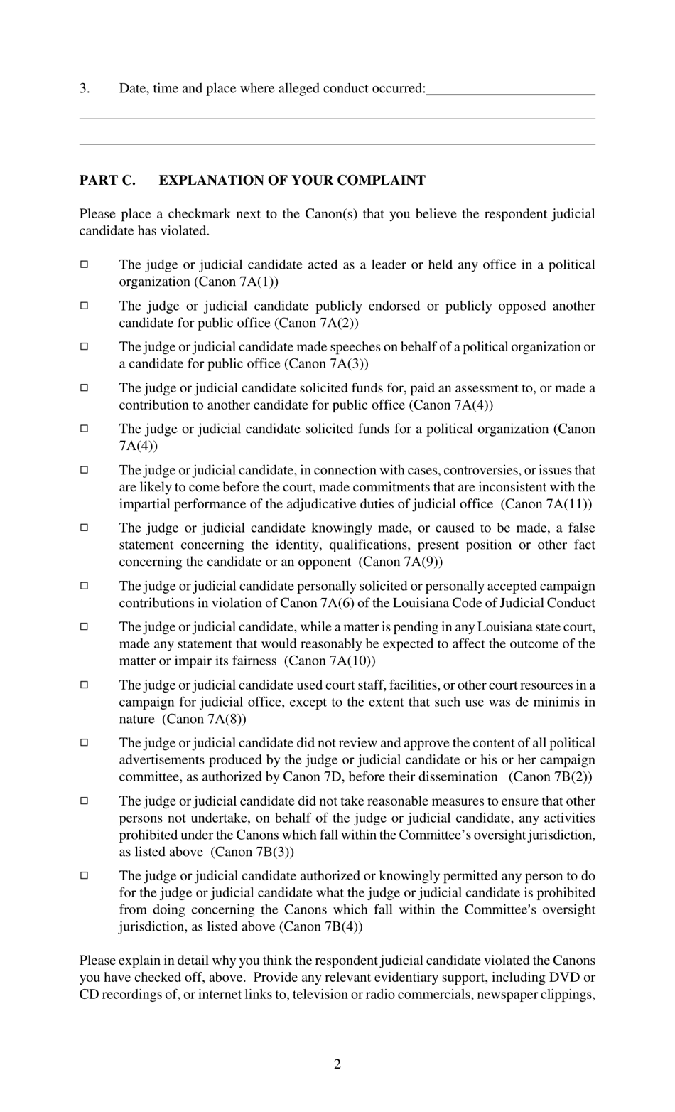 Complaint Form - Judicial Campaign Oversight Committee - Louisiana, Page 2
