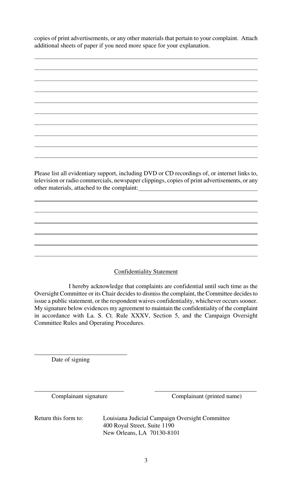 Complaint Form - Judicial Campaign Oversight Committee - Louisiana, Page 3