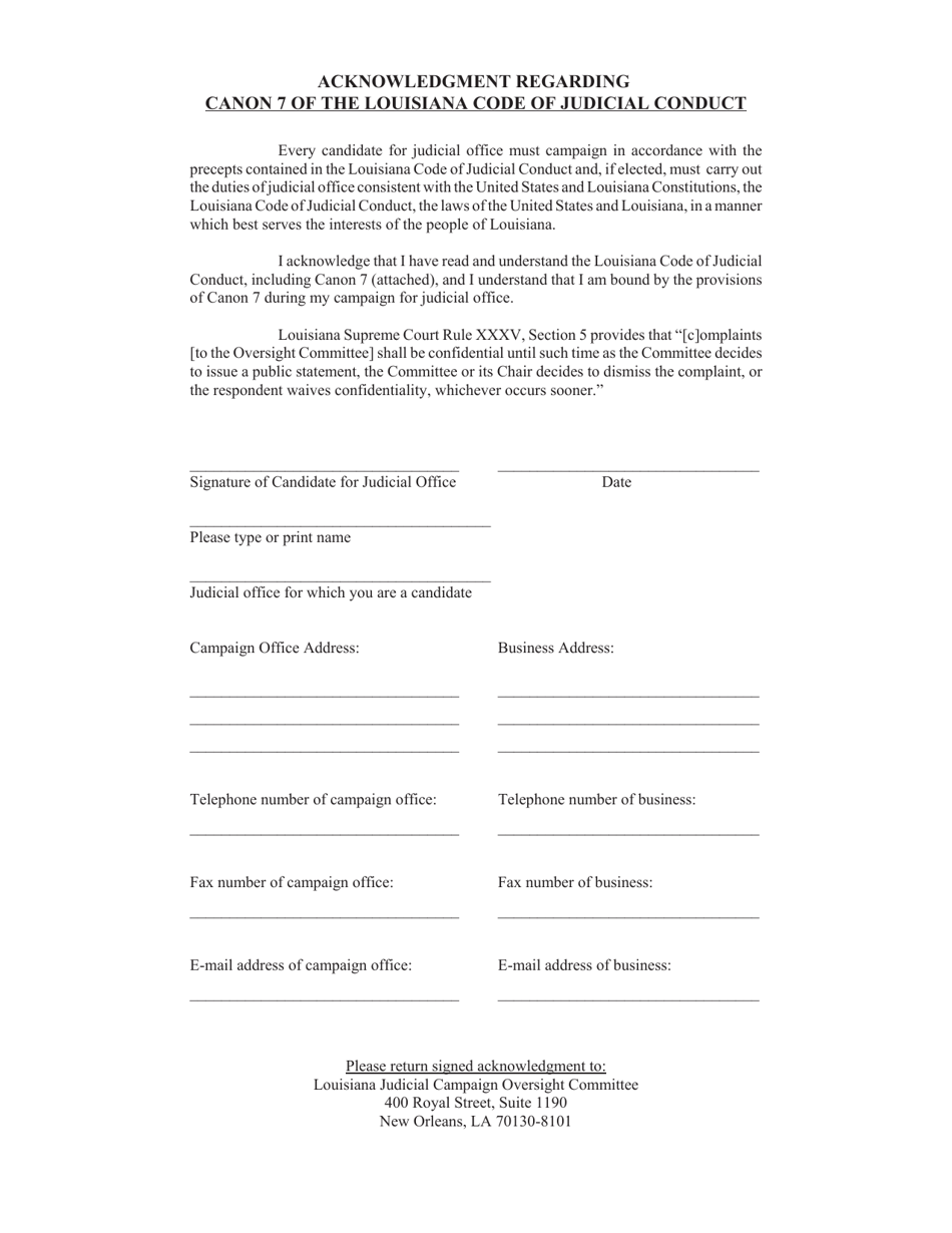 Acknowledgment Regarding Canon 7 of the Louisiana Code of Judicial Conduct - Louisiana, Page 1