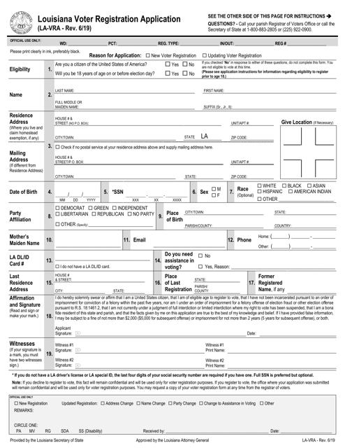 Form LA-VRA Louisiana Voter Registration Application - Louisiana