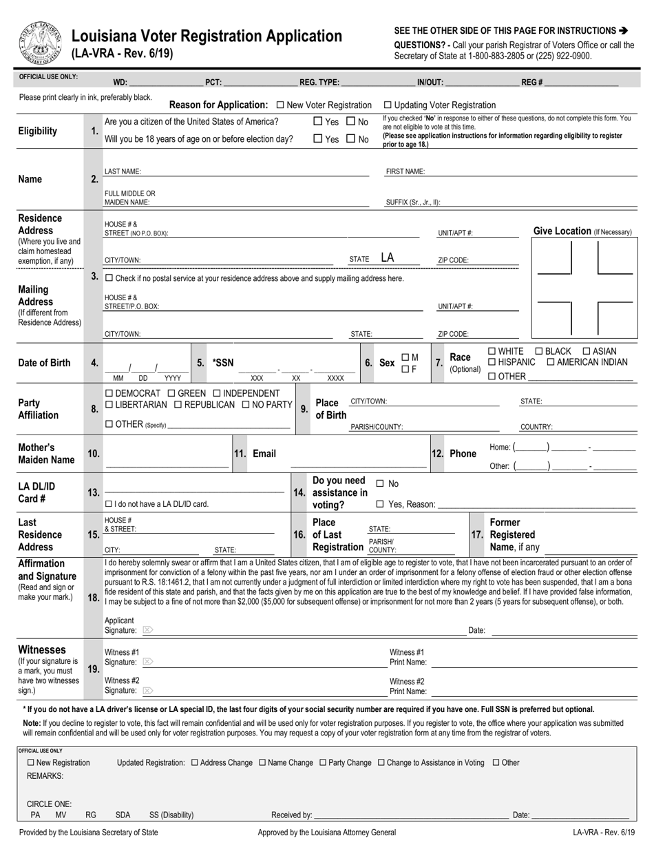 Form LA-VRA Louisiana Voter Registration Application - Louisiana, Page 1