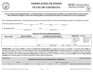 Document preview: Form NP-44-OES Nominating Petition for Qualifying in Lieu of Qualifying Fees for Congressional, State, or Local Office - Louisiana