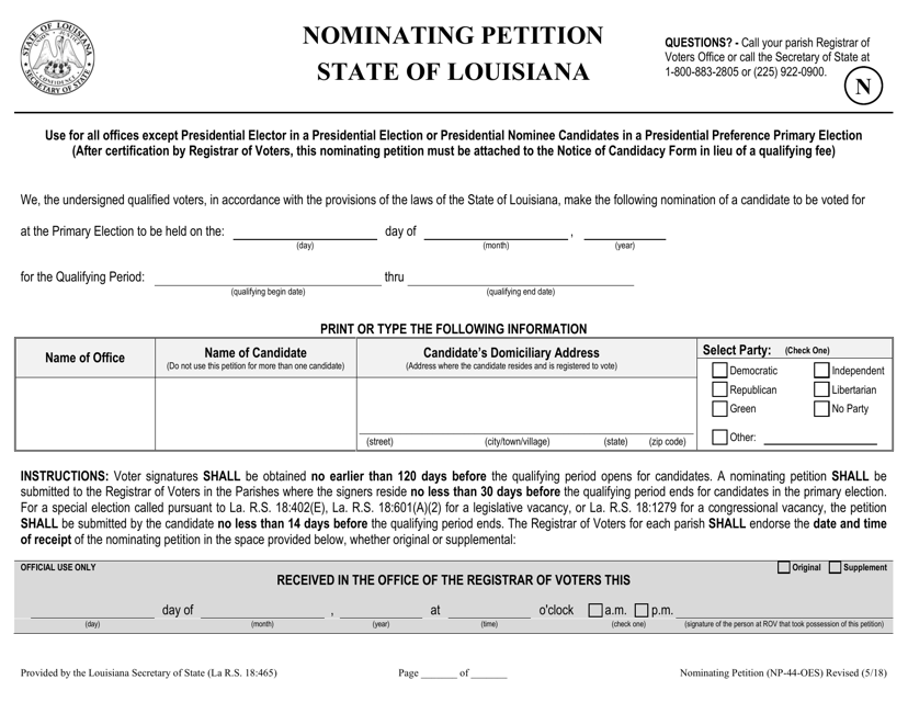 Form NP-44-OES Nominating Petition for Qualifying in Lieu of Qualifying Fees for Congressional, State, or Local Office - Louisiana