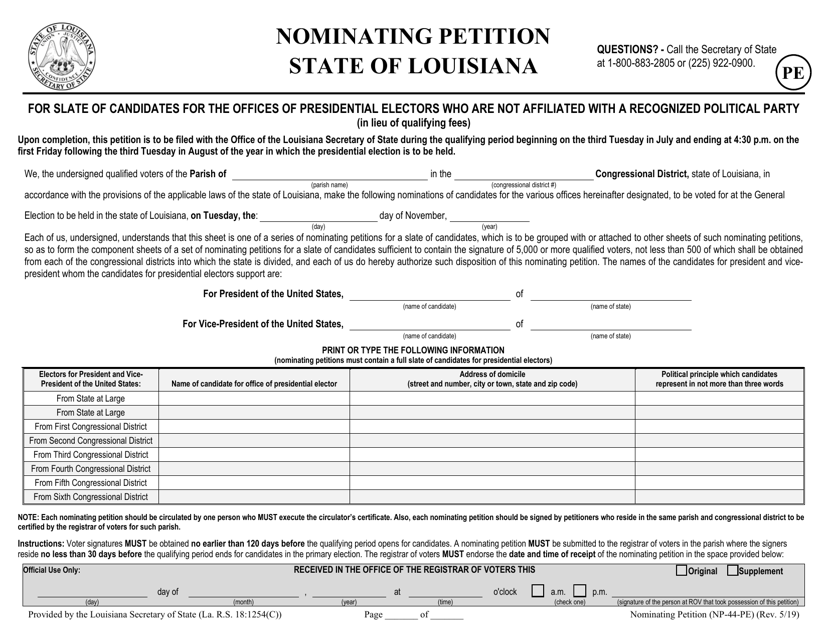 Form NP-44-PE Nominating Petition for Qualifying in Lieu of Qualifying Fees for Candidates That Are Independent of a Political Party for Presidential Elector for President and Vice President - Louisiana