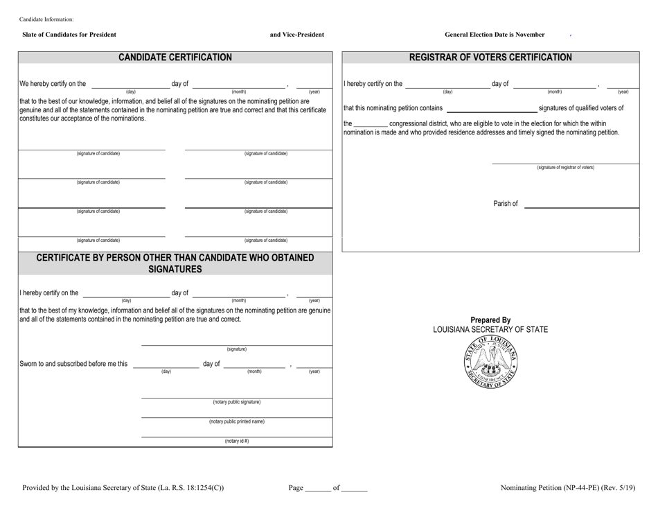 Form NP-44-PE Nominating Petition for Qualifying in Lieu of Qualifying Fees for Candidates That Are Independent of a Political Party for Presidential Elector for President and Vice President - Louisiana, Page 3