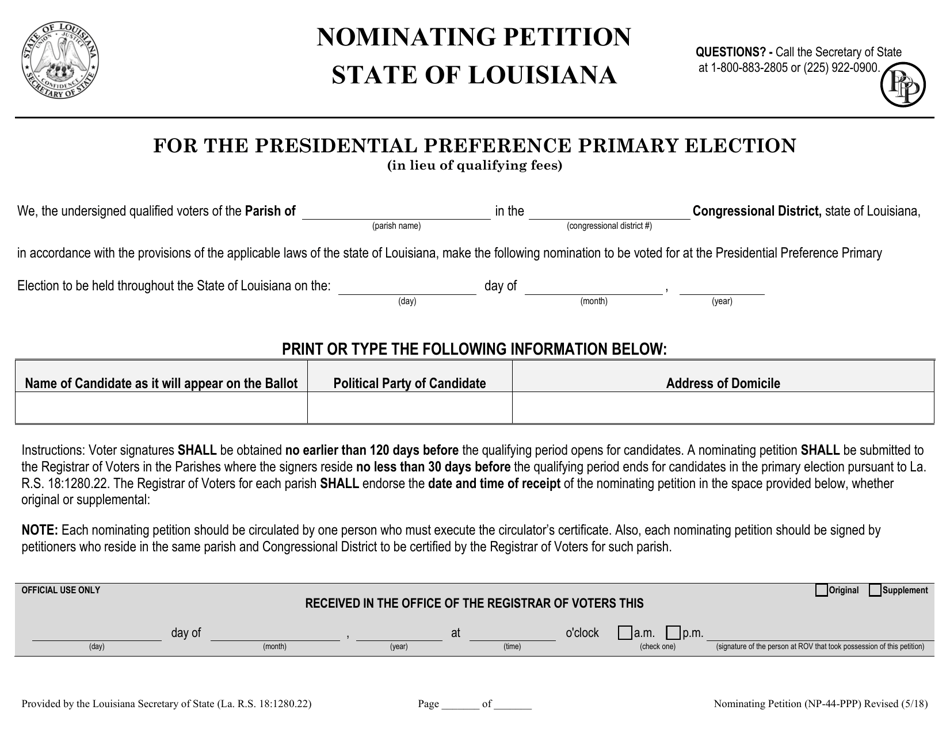 Form NP-44-PPP Nominating Petition for the Presidential Preference Primary Election (In Lieu of Qualifying Fees) - Louisiana, Page 1