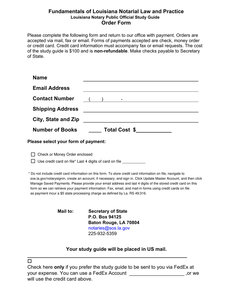 Notary Study Guide Order Form - Louisiana, Page 1