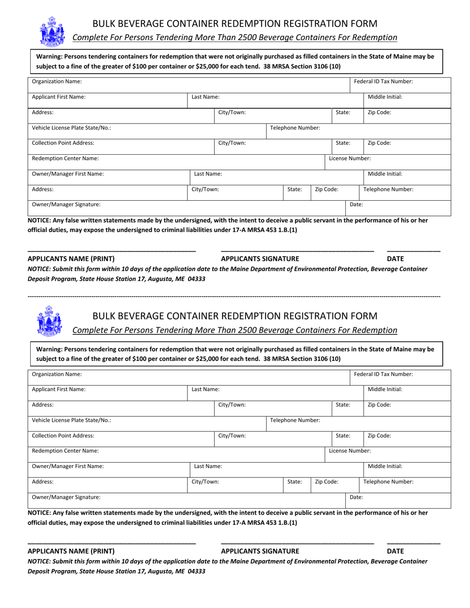 Bulk Beverage Container Redemption Registration Form - Maine, Page 1