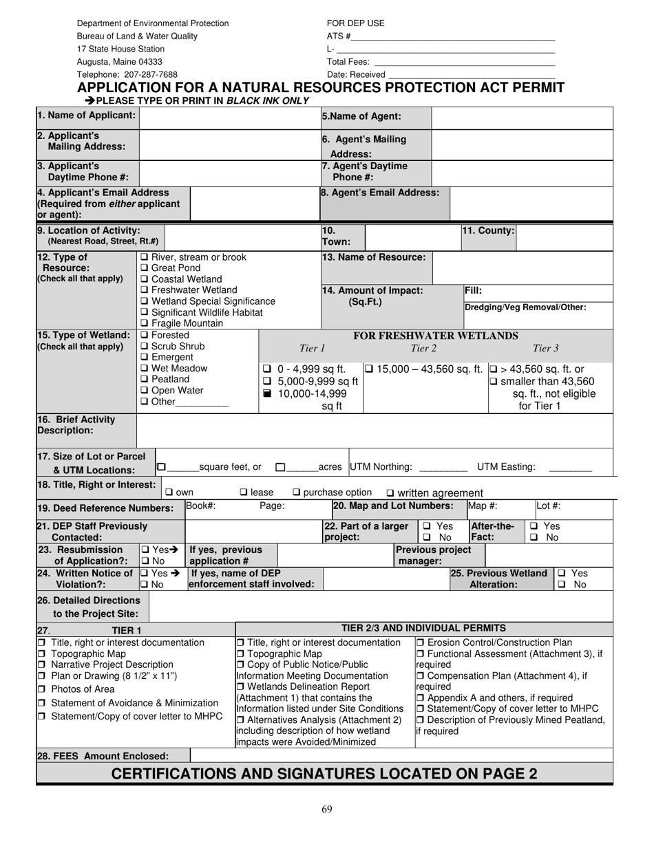 Application for a Natural Resources Protection Act Permit - Maine, Page 1