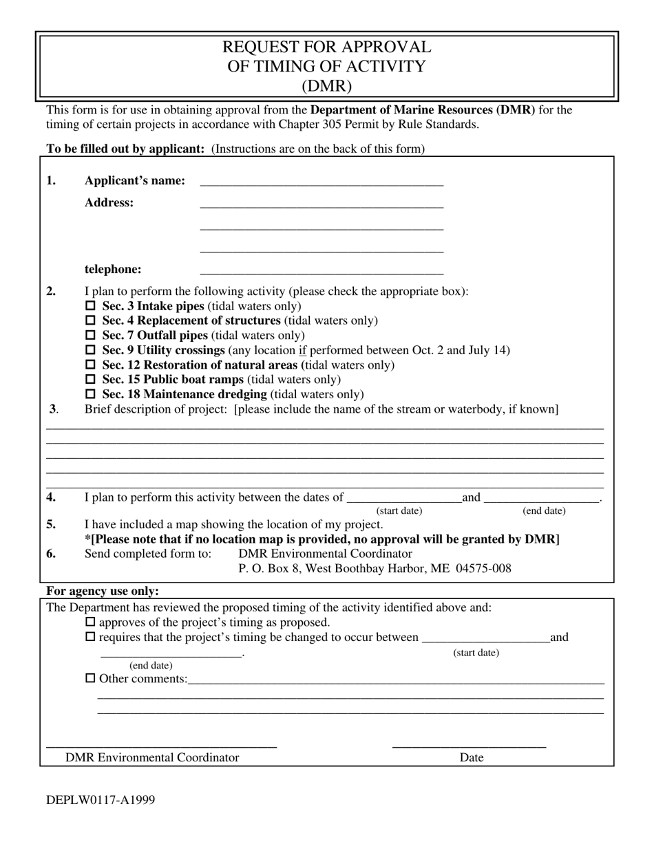 Form DEPLW0117-A Request for Approval of Timing of Activity From the Department of Marine Resources - Maine, Page 1