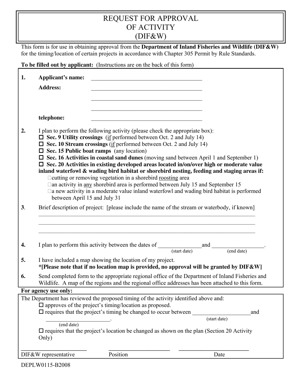 Form DEPLW0115-B Request for Approval of Timing of Activity From the Department of Inland Fisheries and Wildlife - Maine, Page 1