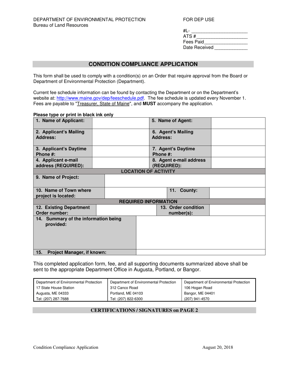 Condition Compliance Application - Maine, Page 1