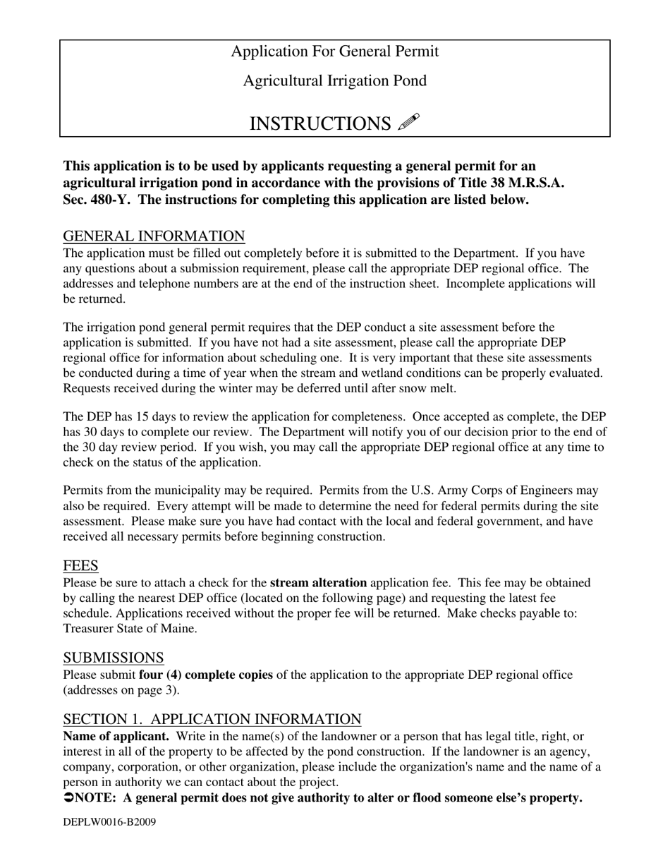 Form DEPLW0016-B2009 Application for General Permit - Agricultural Irrigation Pond - Maine, Page 1