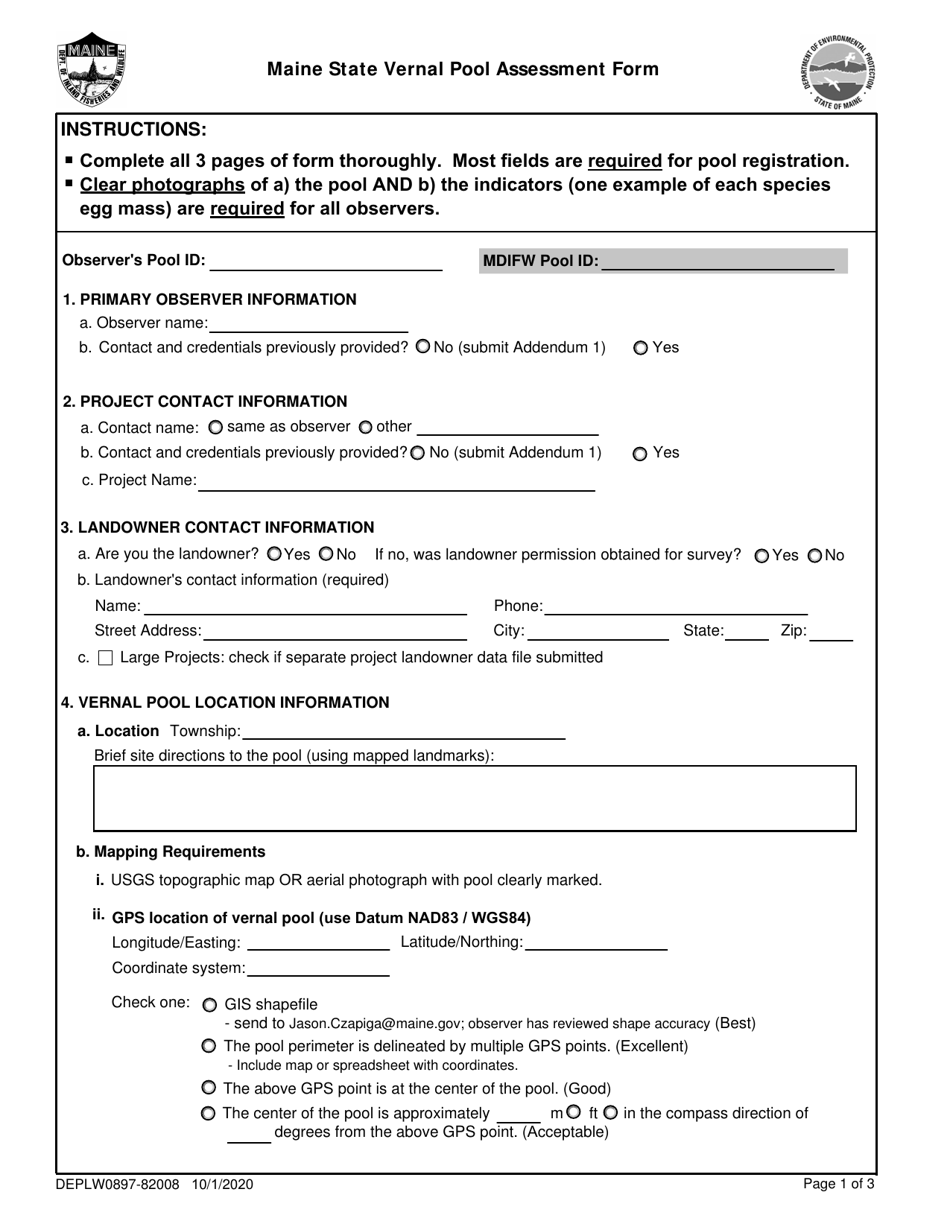 Form DEPLW0897-82008 Maine State Vernal Pool Assessment Form - Maine, Page 1