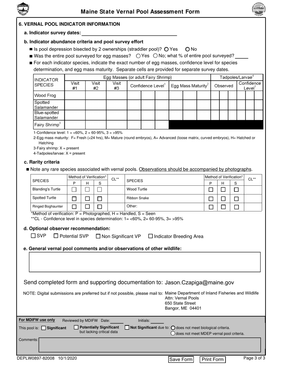 Form DEPLW0897-82008 Maine State Vernal Pool Assessment Form - Maine, Page 3