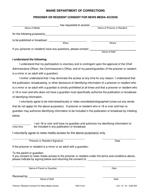 Prisoner or Resident Consent for News Media Access - Maine Download Pdf