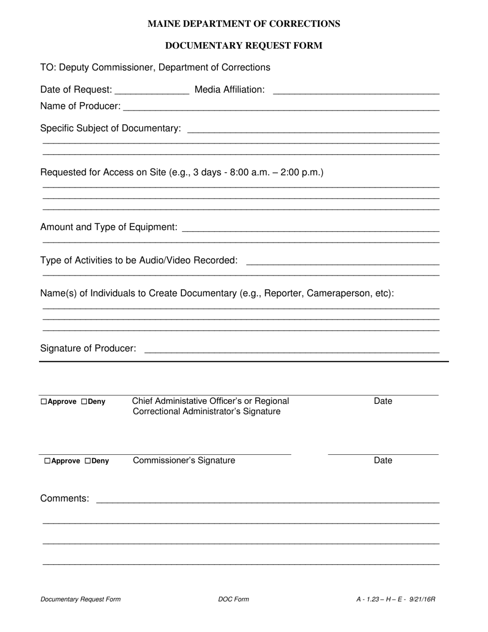 Documentary Request Form - Maine, Page 1