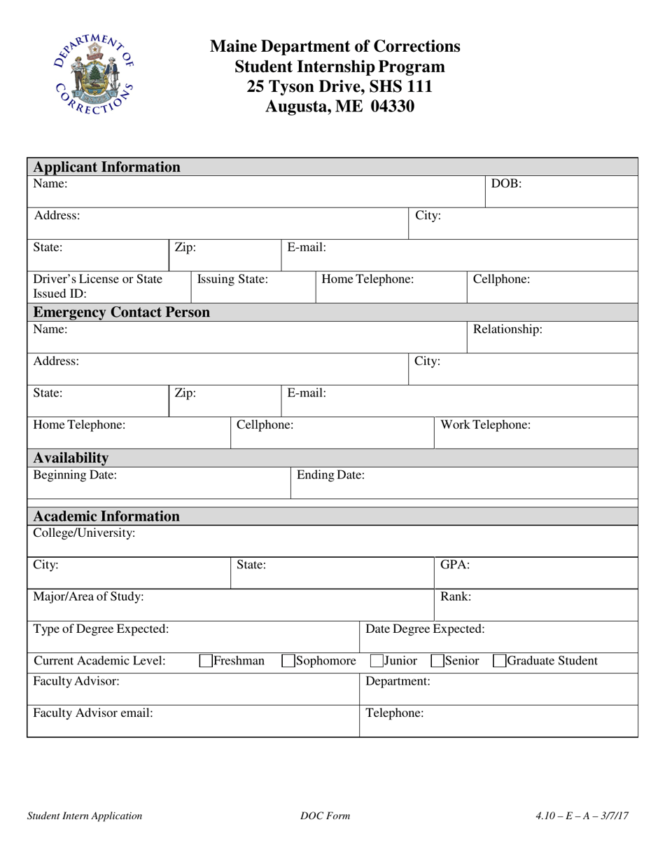 Student Internship Application - Maine, Page 1