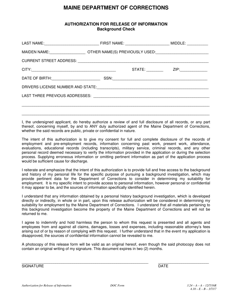 Authorization for Release of Information - Maine, Page 1