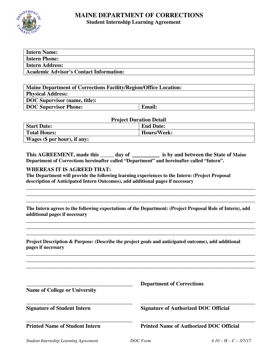 Student Internship Learning Agreement - Maine, Page 1