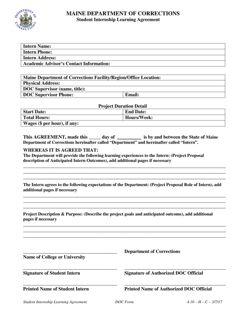Student Internship Learning Agreement - Maine Download Pdf