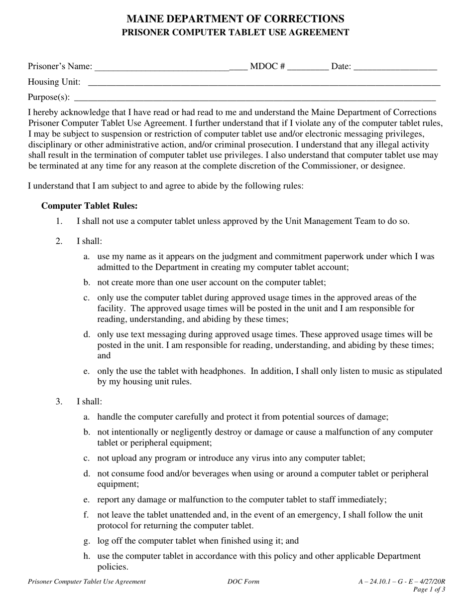 Prisoner Computer Tablet Use Agreement - Maine, Page 1