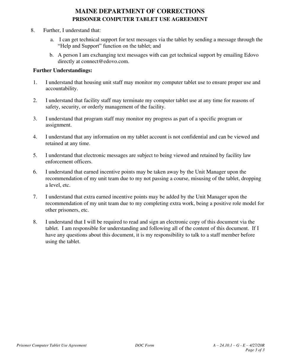 Prisoner Computer Tablet Use Agreement - Maine, Page 3