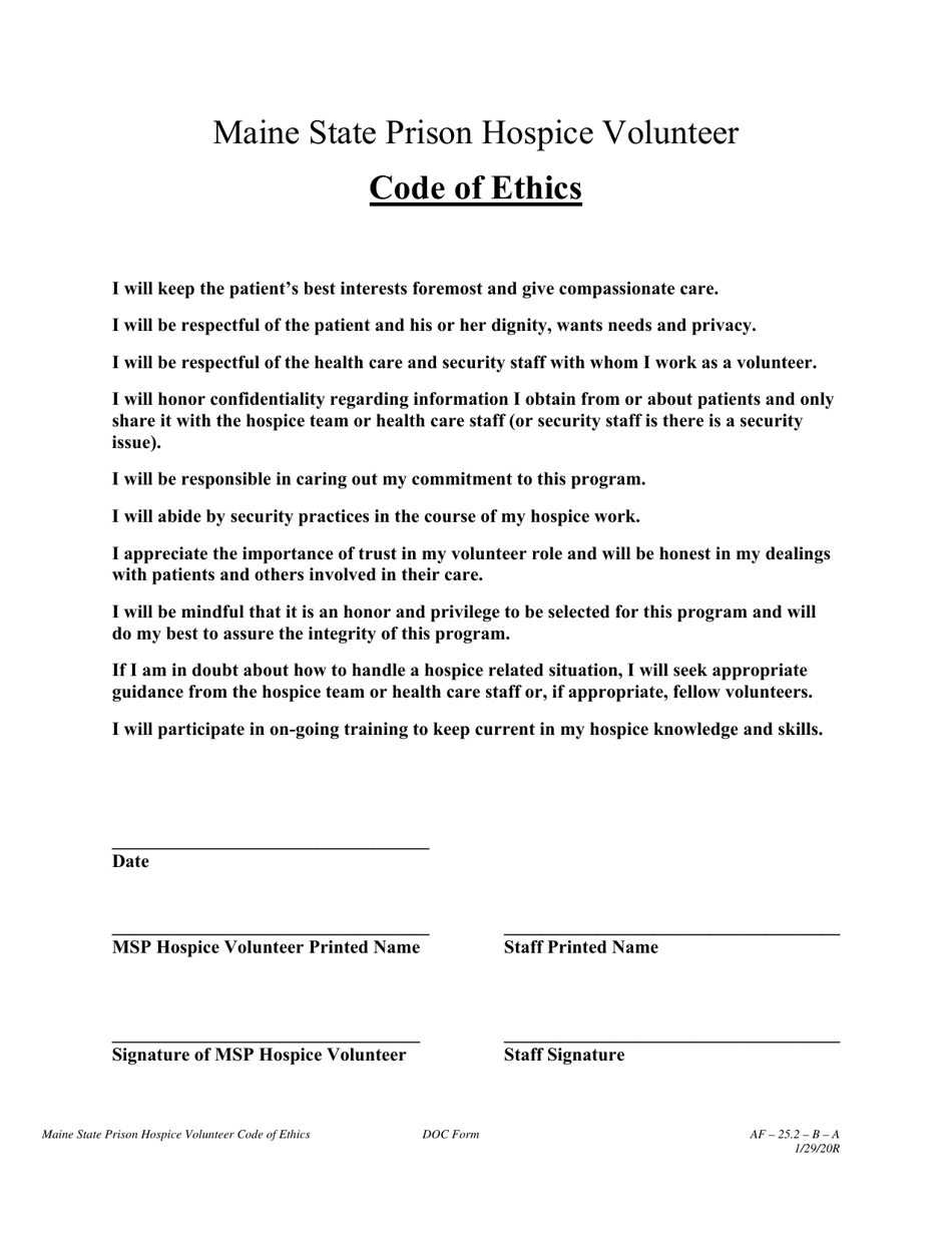 Maine State Prison Hospice Volunteer Code of Ethics - Maine, Page 1