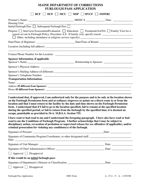Furlough Pass Application - Maine
