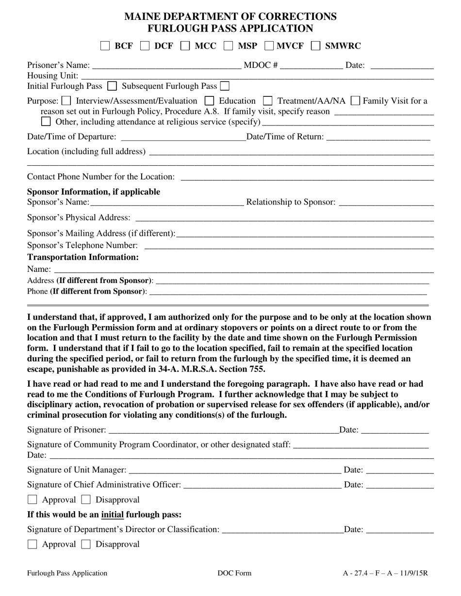 Furlough Pass Application - Maine, Page 1