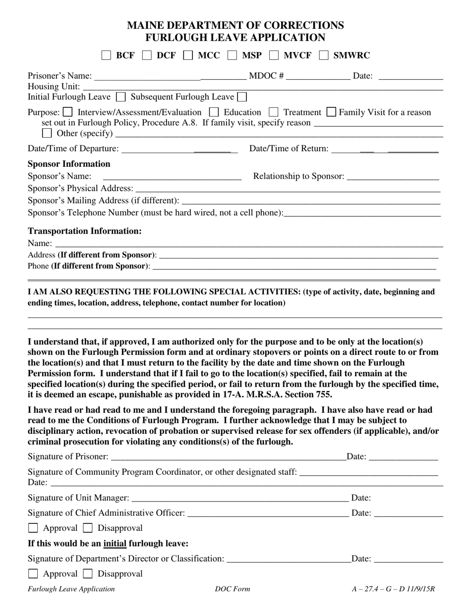 Furlough Leave Application - Maine, Page 1