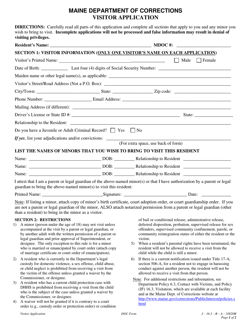 Visitor Application - Maine, Page 1